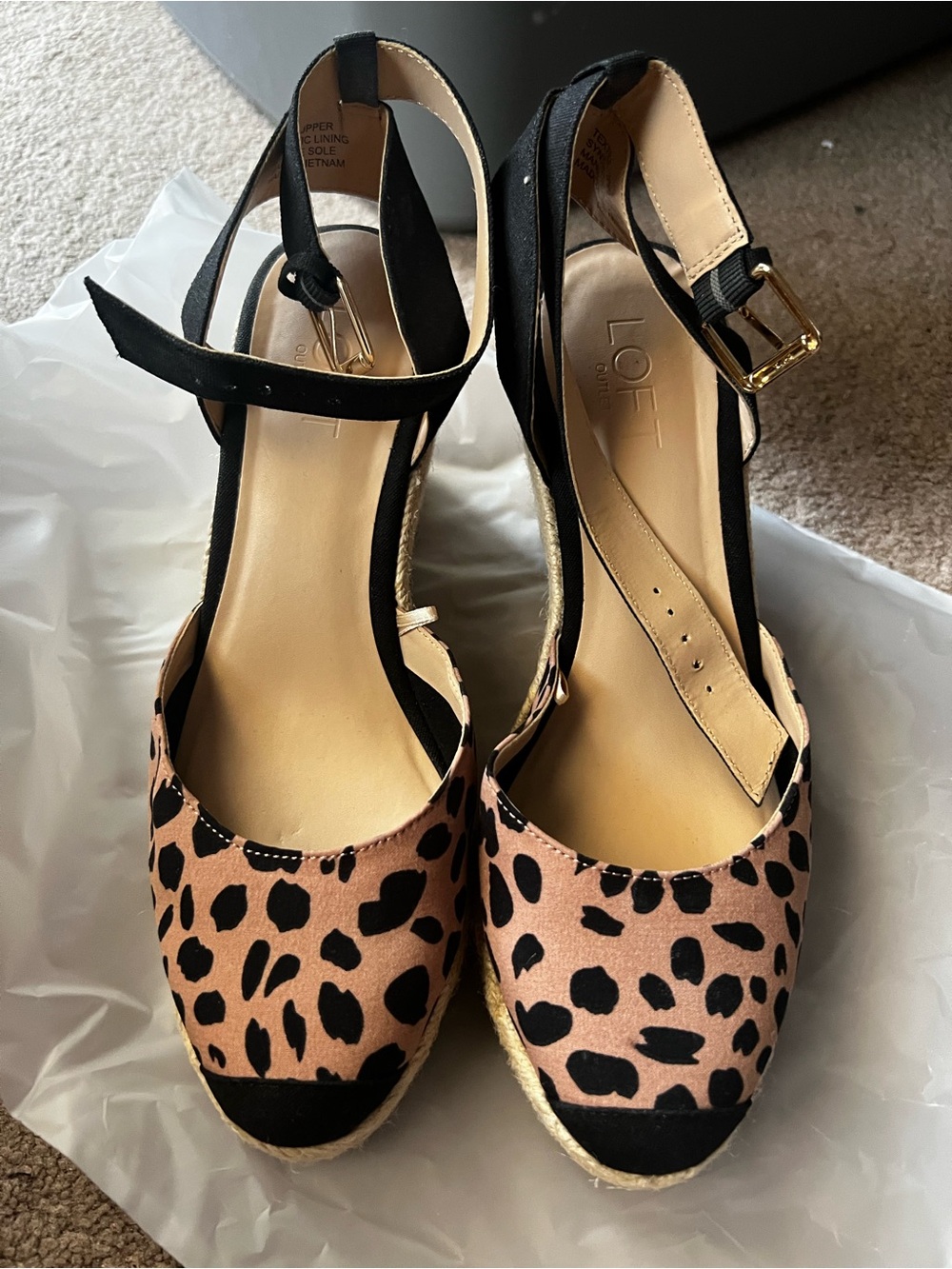 LOFT Leopard Print Espadrille Wedge Sandals in Black and Tan